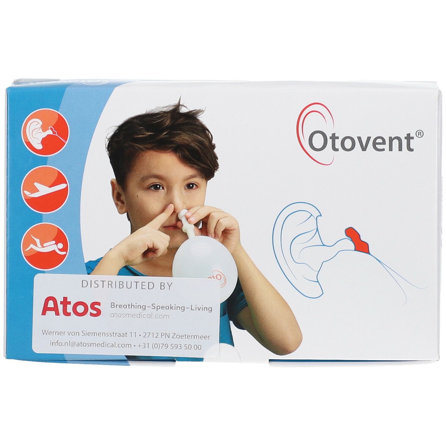 Boîte Otovent. Enfant utilisant un ballon nasal. Logo Otovent. Illustration de l'oreille. Logo Atos. Texte.