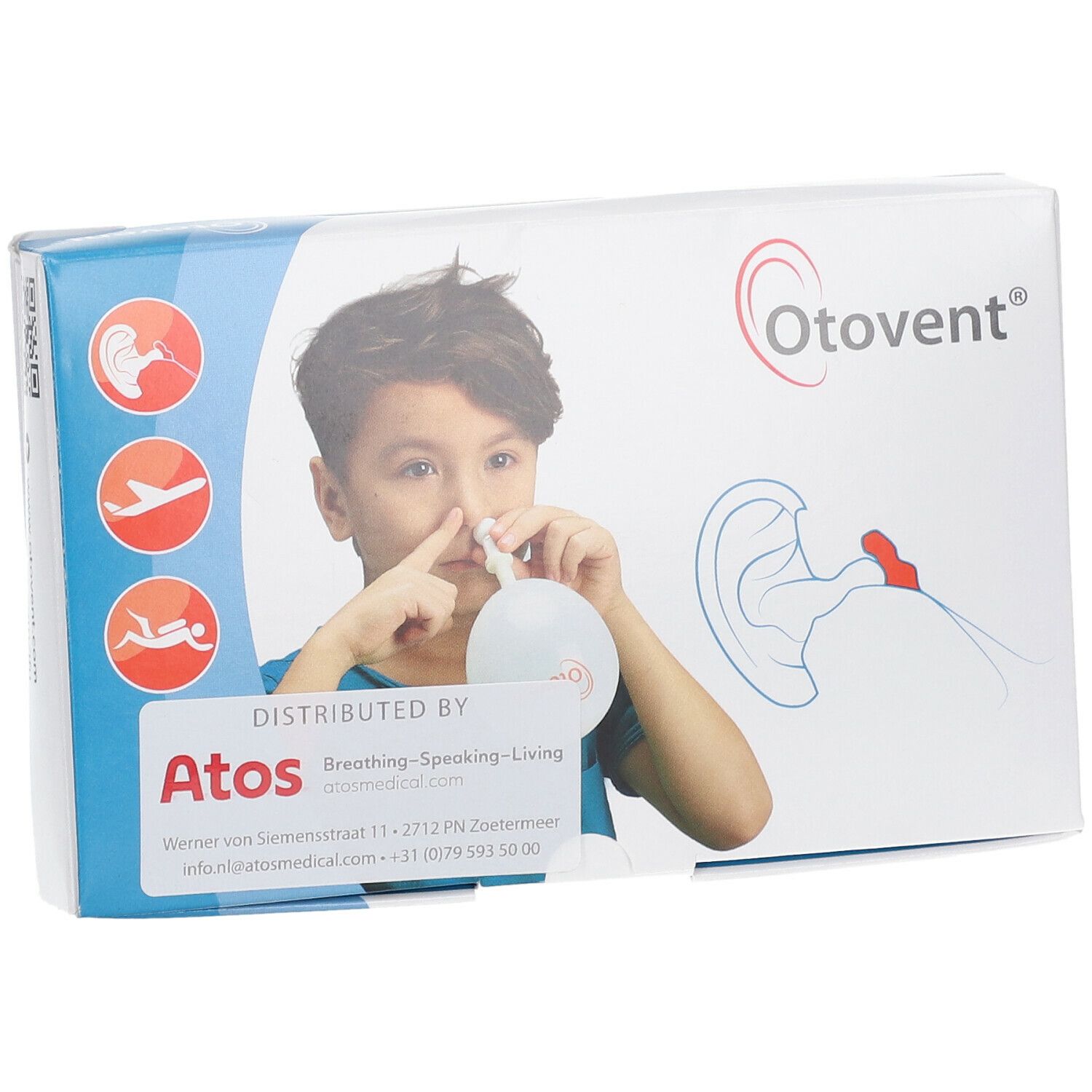 Boîte Otovent. Enfant utilisant un ballon nasal. Logo Otovent. Illustration de l'oreille. Logo Atos. Texte.