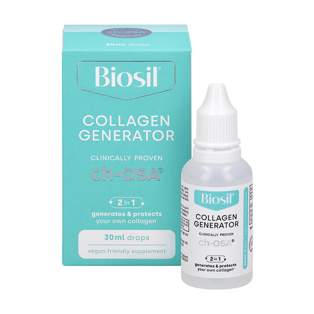 Flacon compte-gouttes BioSil avec bouchon blanc. Contient 30 ml. Pour cheveux, peau, ongles.