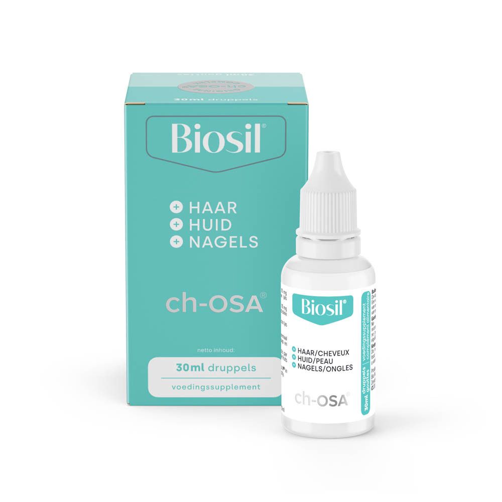 BioSil-druppelflesje met witte dop. Bevat 30 ml. Voor haar, huid, nagels.