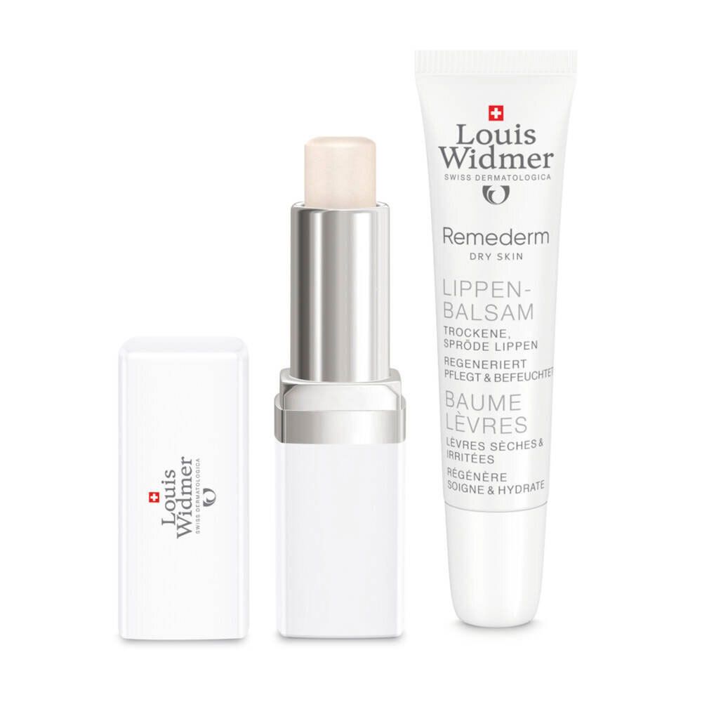 Lippenbalsemstick en lippenbalsemtube. Witte stick met zilverkleurige applicator. Merk: Louis Widmer.
