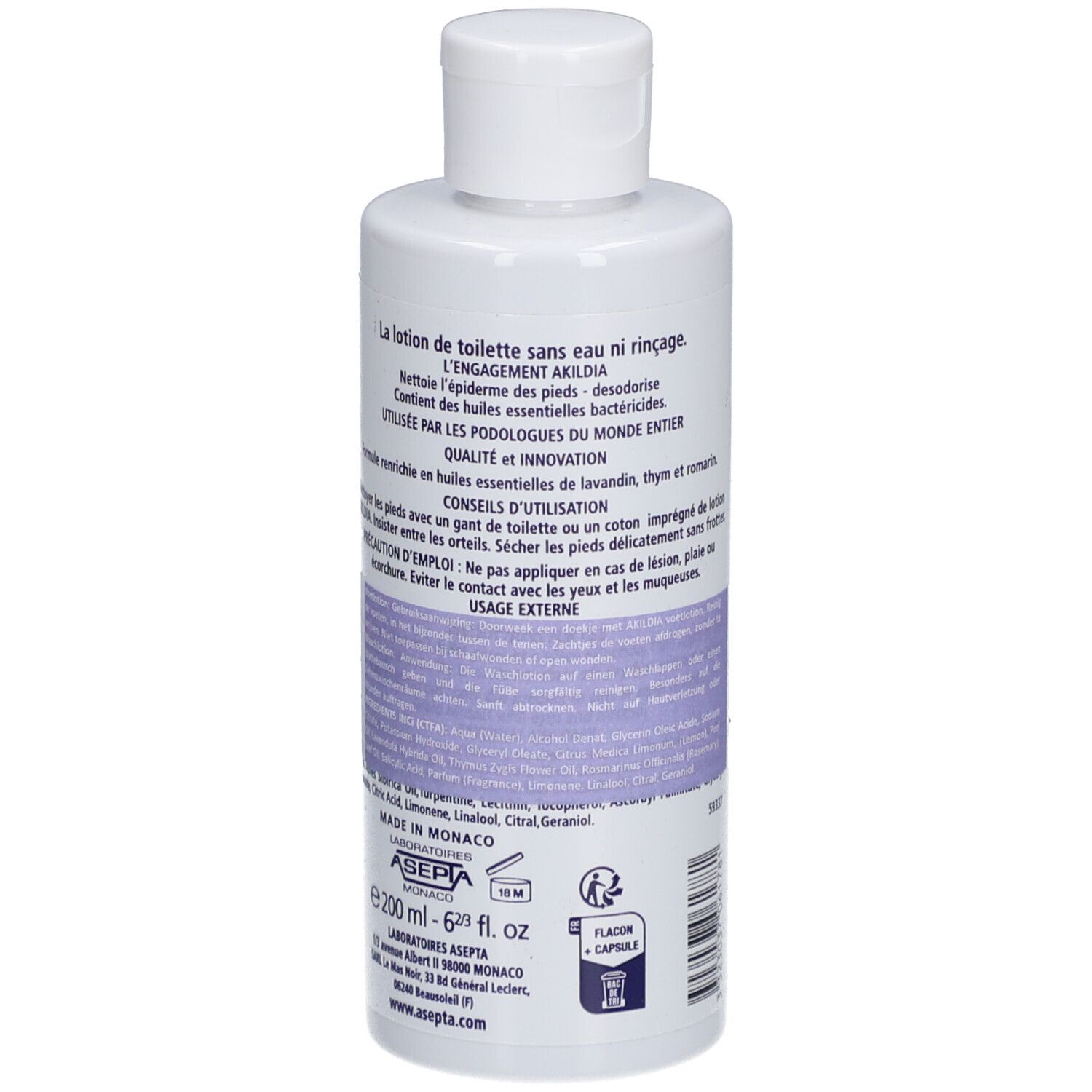 Flacon avec bouchon blanc. Verso avec texte. Inscriptions: AKILDIA, 200 ml, Flacon + capsule.