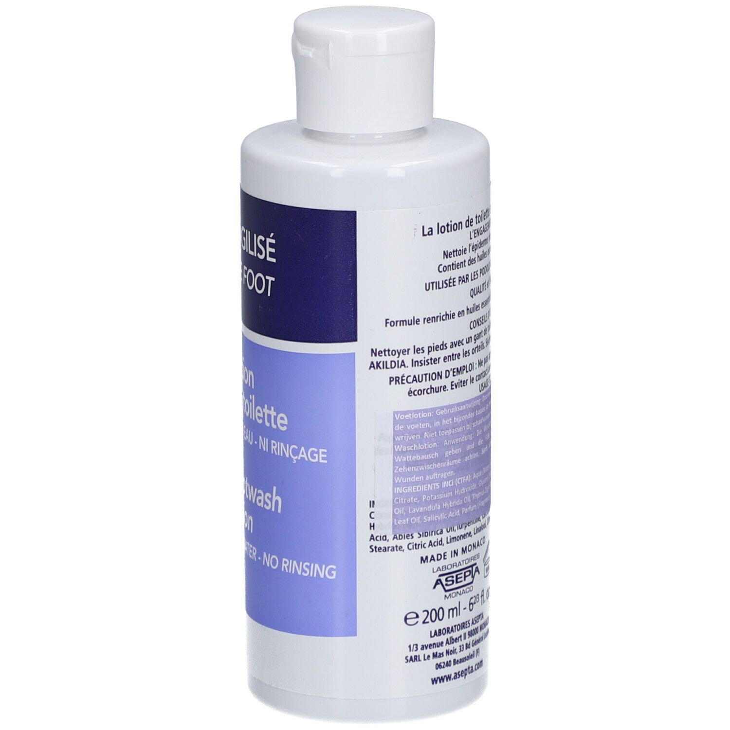 Flacon avec bouchon blanc. Verso avec texte. Inscriptions: AKILDIA, 200 ml, Flacon + capsule.