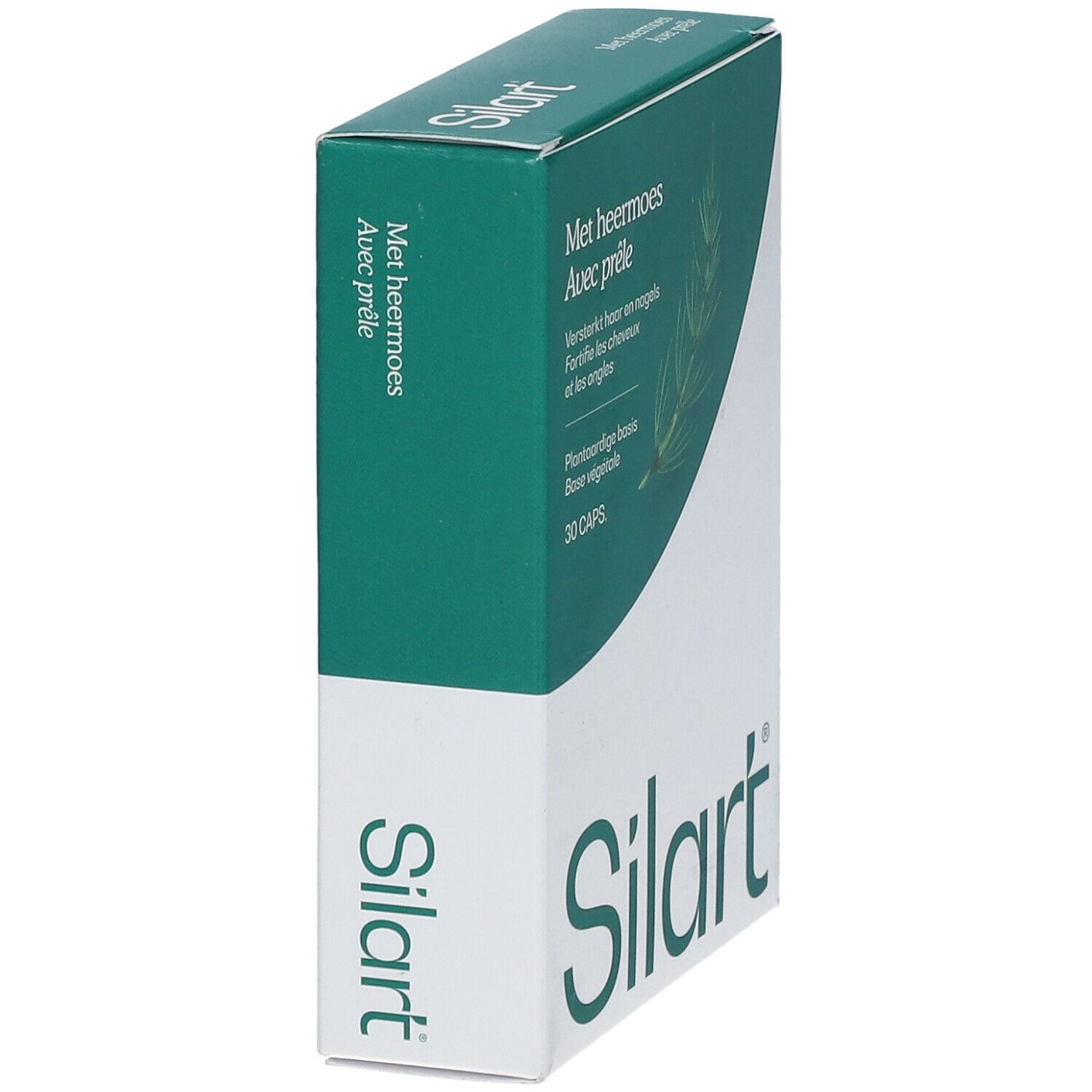 Boîte SilArt®, verte et blanche. Inscription: Met heermoes, Avec prêle. 30 capsules. Vue latérale.