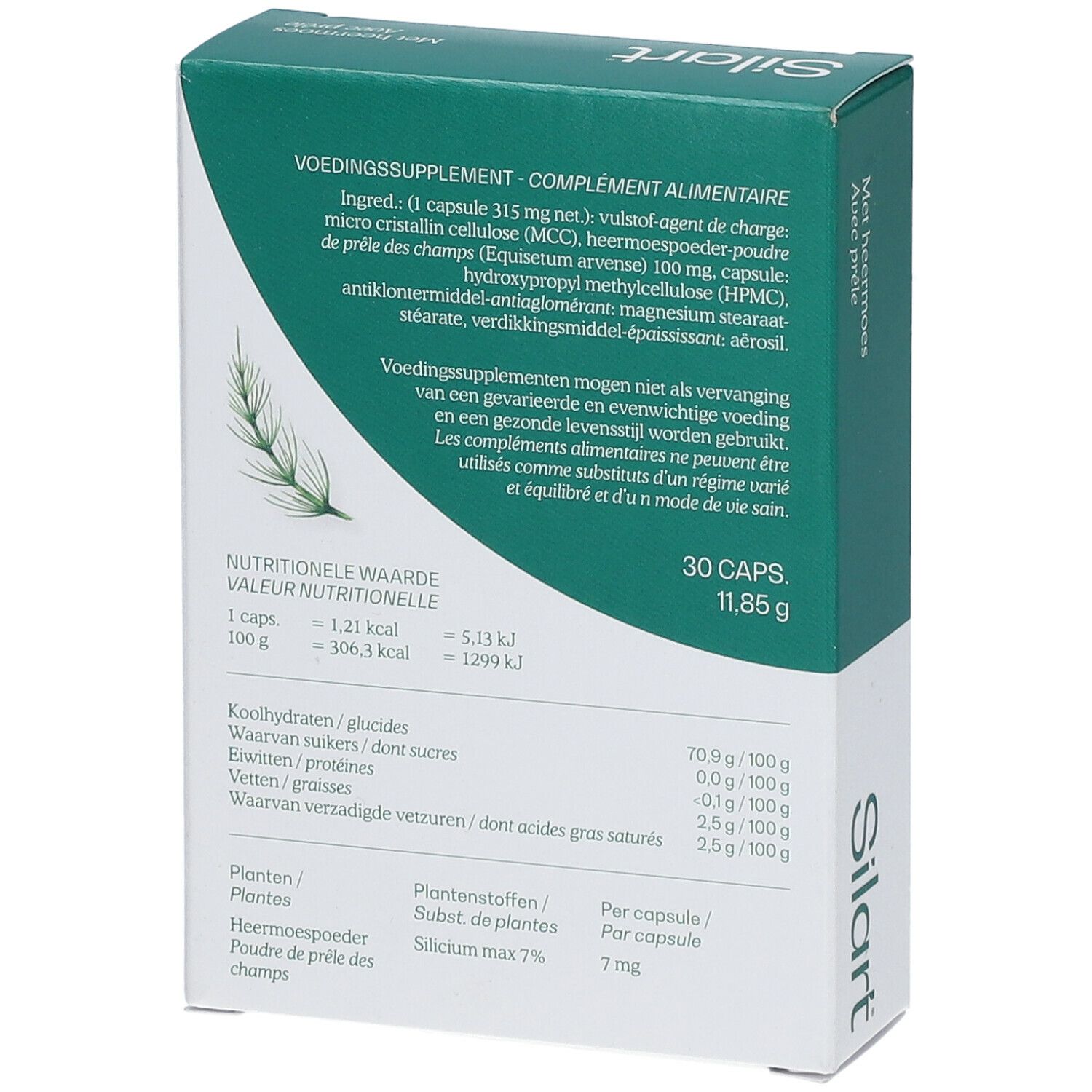 Boîte SilArt®, dos. Ingrédients, tableau nutritionnel. 30 capsules. 11,85 g.
