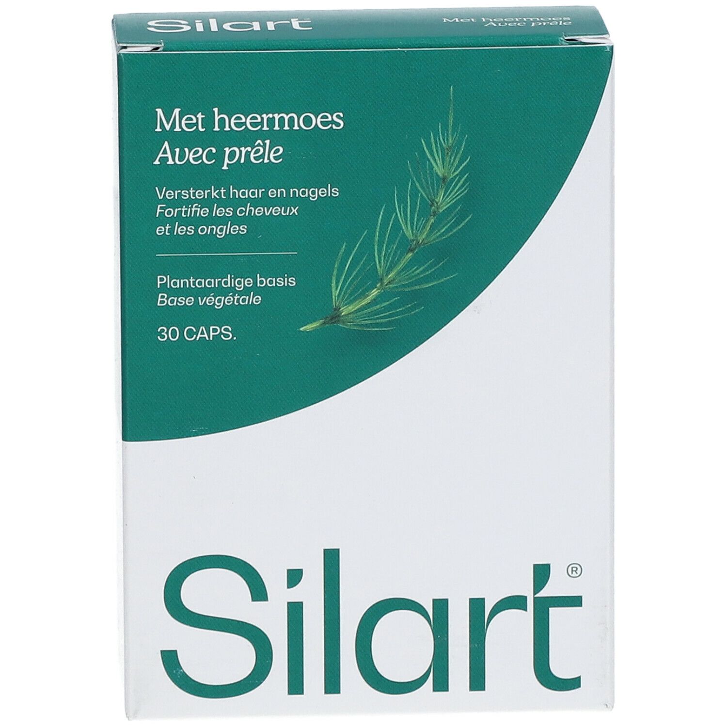 Boîte SilArt®. Inscription: Met heermoes, Avec prêle. 30 capsules. Renforce les cheveux et les ongles.