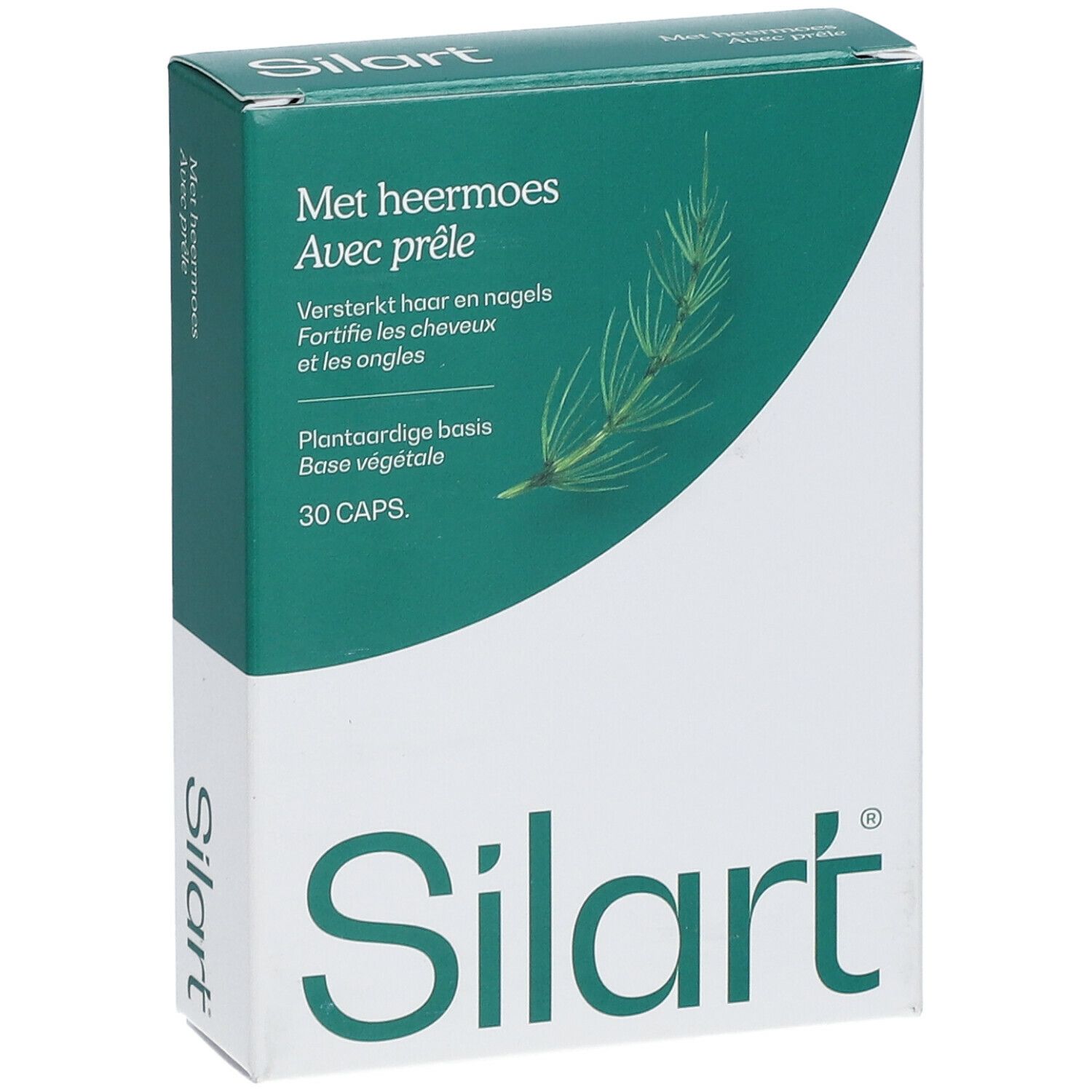 Boîte SilArt®. Inscription: Met heermoes, Avec prêle. 30 capsules. Renforce les cheveux et les ongles.