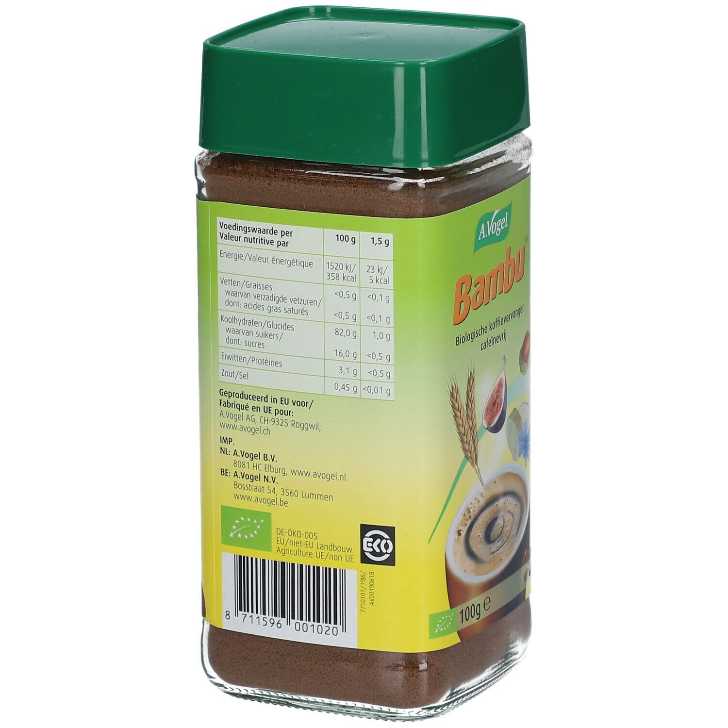 Glasbehälter mit grünem Deckel. Rückseite mit Nährwertangaben und Barcode. Aufschrift: A. Vogel Bambu, biologischer Kaffeeersatz.