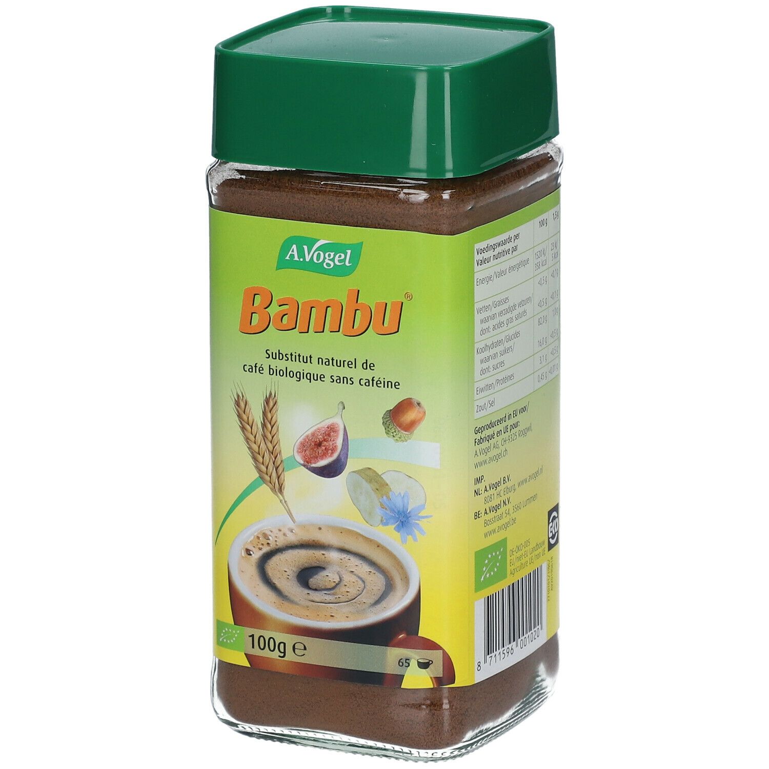 Glasbehälter mit grünem Deckel. Aufschrift: A. Vogel Bambu, Substitut naturel de café biologique sans caféine. Abbildung von Zutaten.