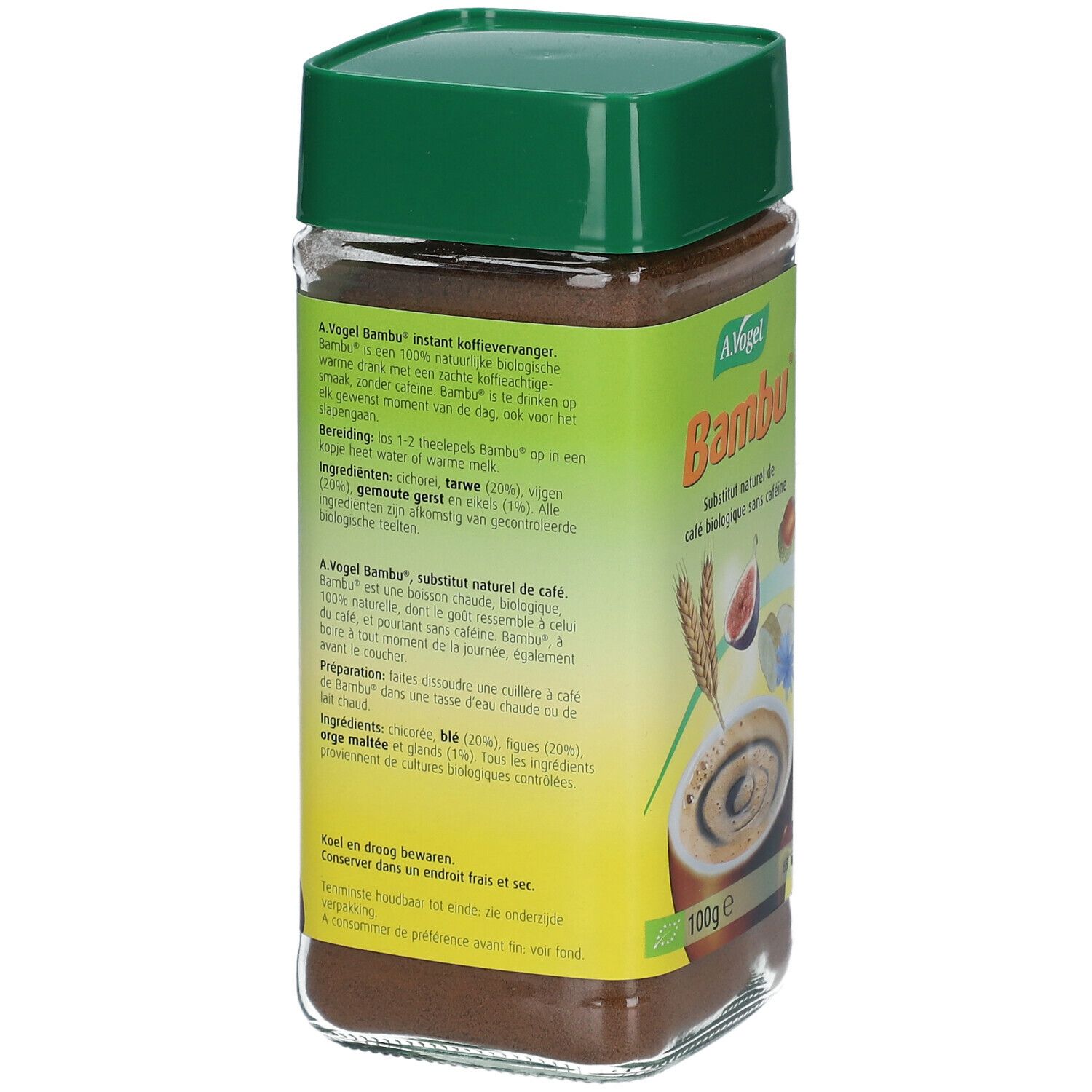 Glasbehälter mit grünem Deckel. Text über die Zubereitung und Inhaltsstoffe. Aufschrift: A. Vogel Bambu, biologischer Kaffeeersatz.