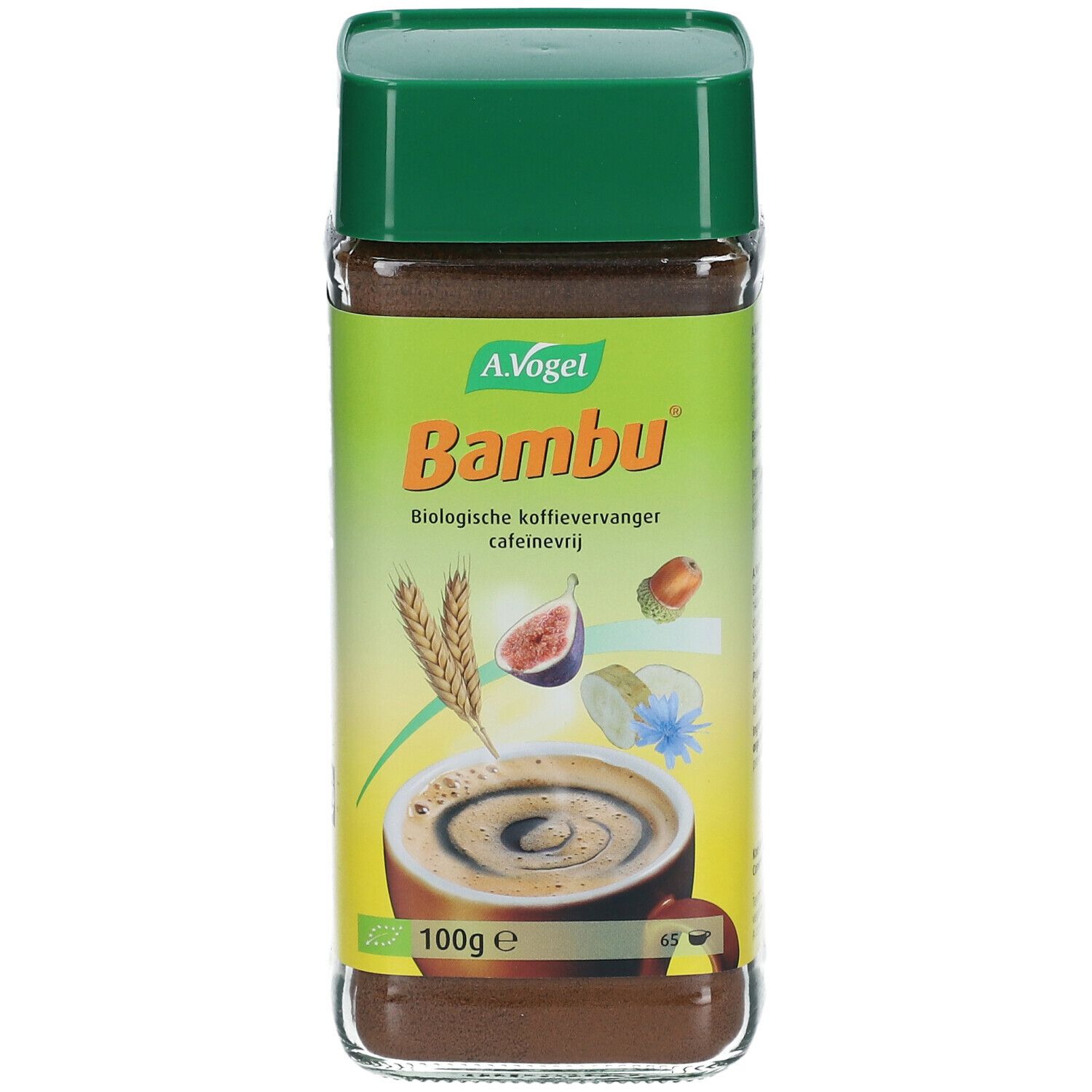 Glasbehälter mit grünem Deckel. Aufschrift: A. Vogel Bambu, biologischer Kaffeeersatz, koffeinfrei. Abbildung von Zutaten.