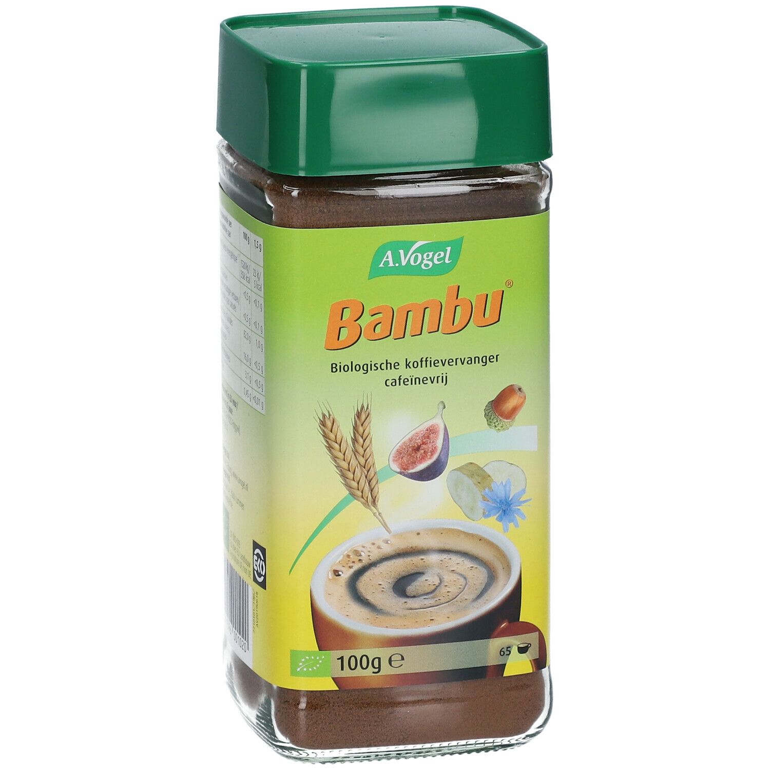 Glasbehälter mit grünem Deckel. Aufschrift: A. Vogel Bambu, biologischer Kaffeeersatz, koffeinfrei. Abbildung von Zutaten.