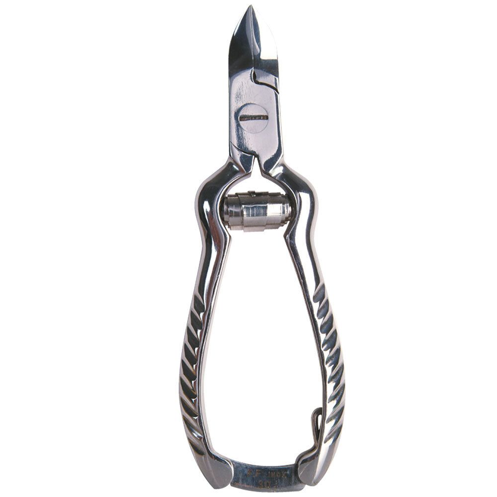 Nagelzange aus Metall. Ergonomisch geformte Griffe. Sichtbare Schneidekante. Glänzende Oberfläche.