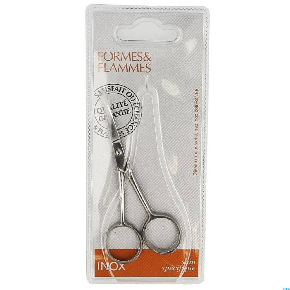 Ciseaux à moustache en acier inoxydable, emballage blister. Marque, label qualité, "INOX" visibles.