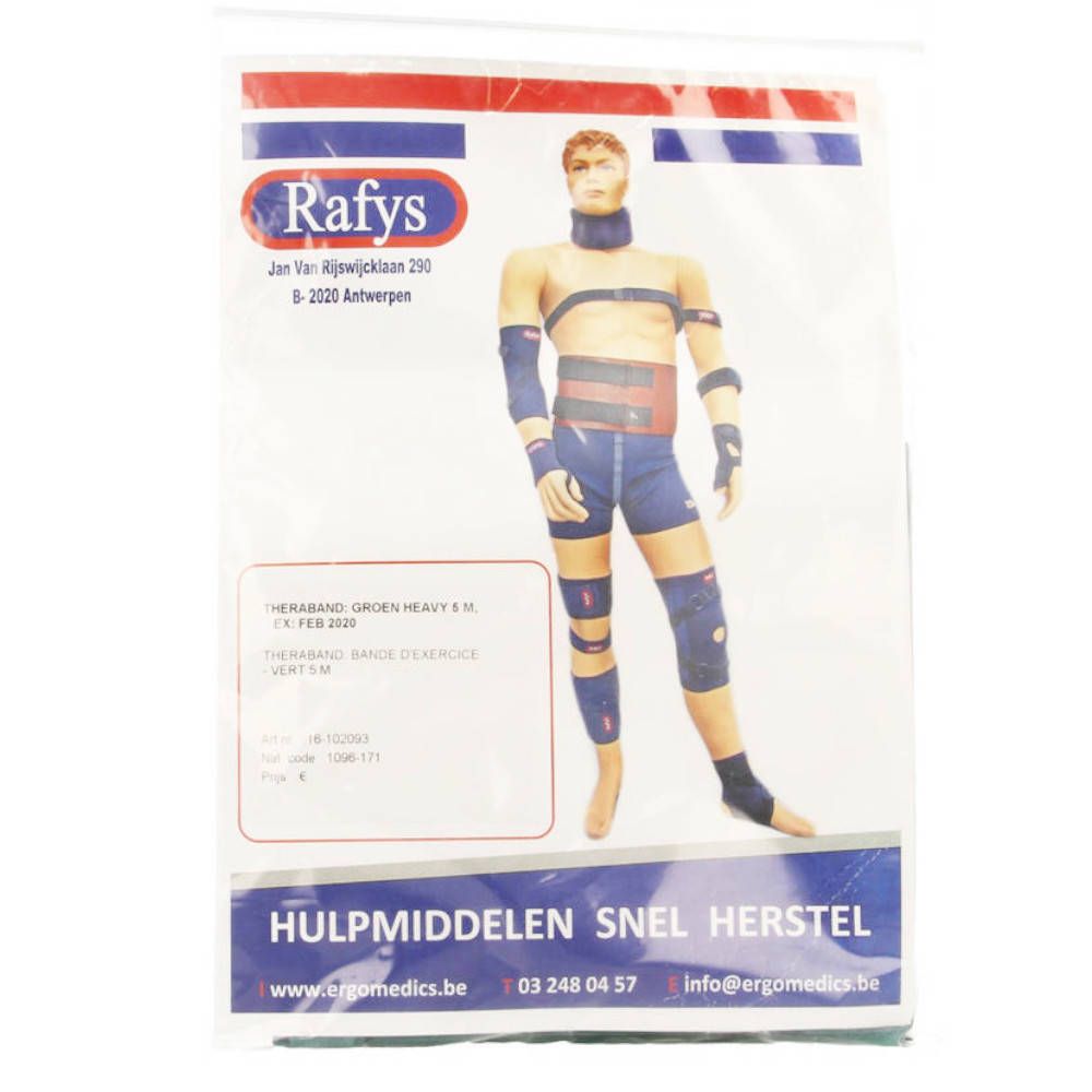 Emballage Rafys Theraband. Impression: Theraband Groen Heavy M. Un homme avec des accessoires Theraband. Inscription: HULPMIDDELEN SNEL HERSTEL.