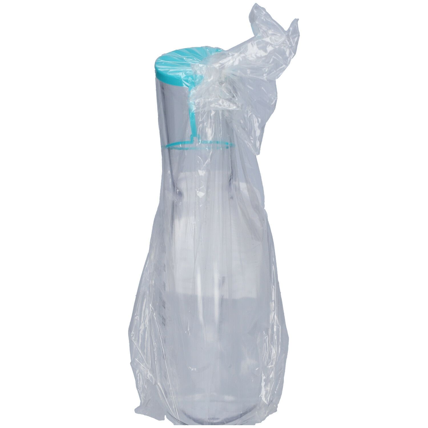 Urinal transparent avec couvercle et anse bleus, emballage plastique. Vue latérale, informations produit illisibles.