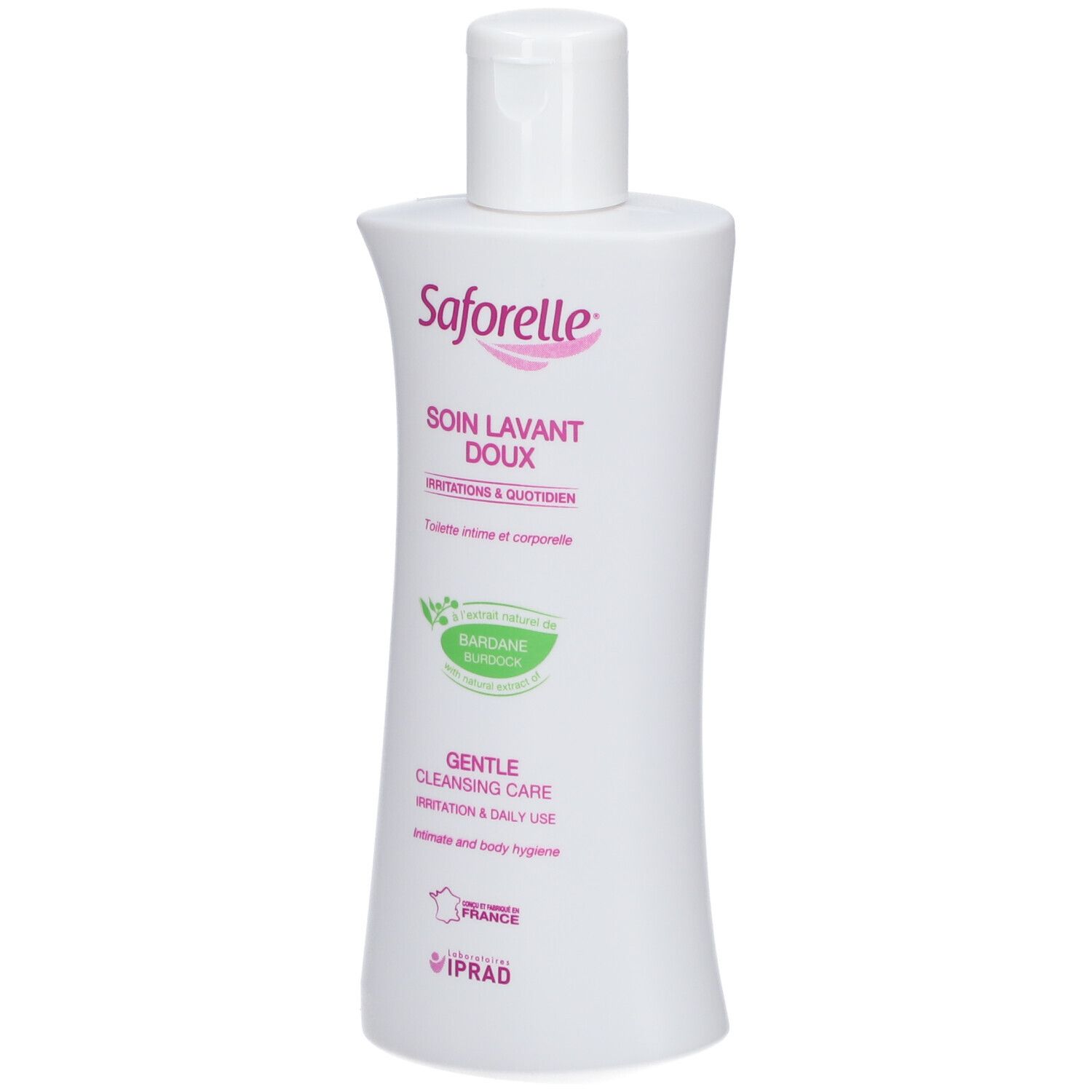 Witte Saforelle fles. Tekst: Soin Lavant Doux. Irritaties & quotidien. Toilette intime et corporelle.