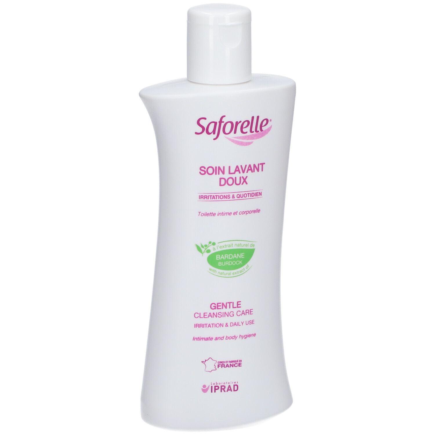 Witte Saforelle fles en verpakking. Tekst: Soin Lavant Doux. Irritaties & quotidien. 250ml.