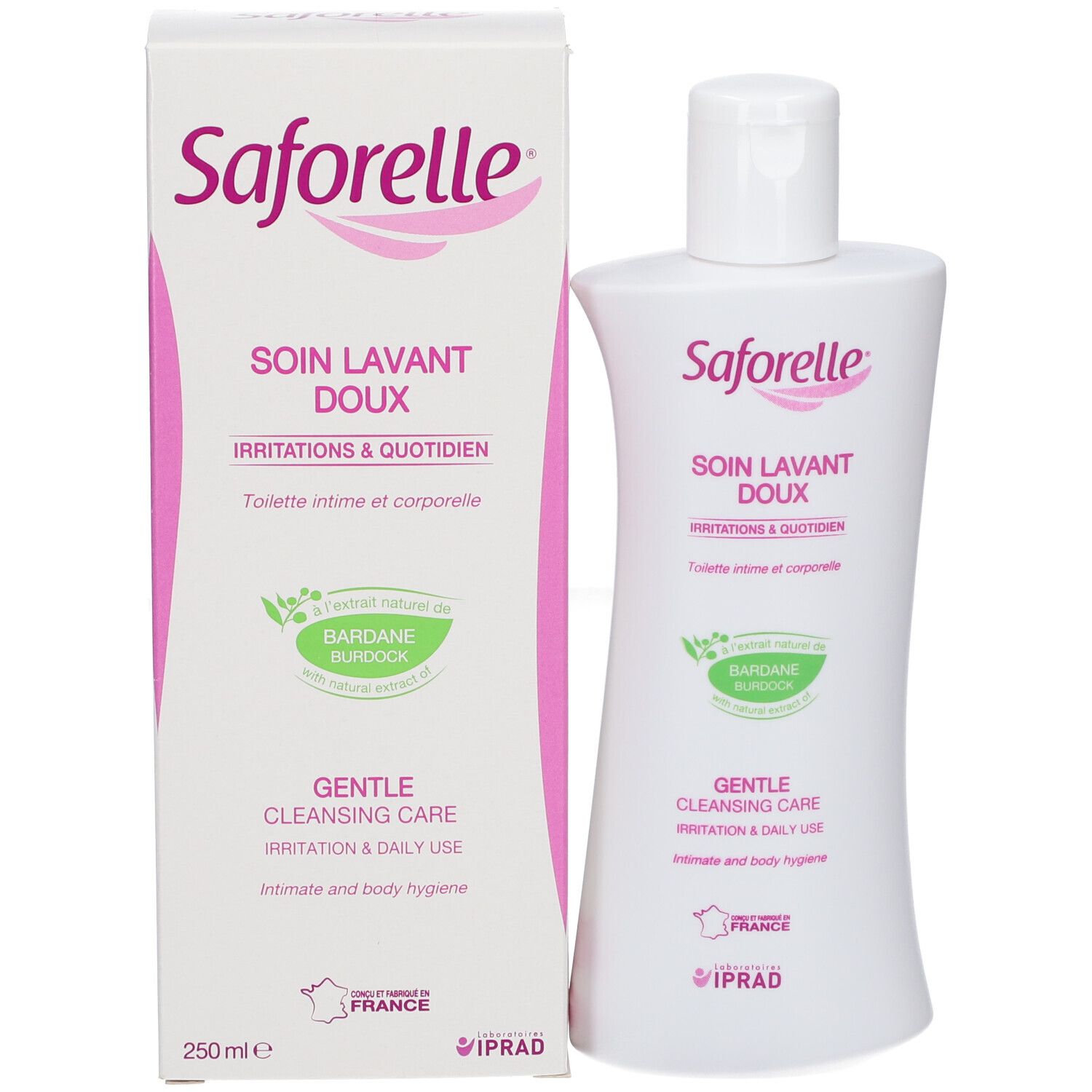 Verpakking van Saforelle. Tekst: Soin Lavant Doux. Irritaties & quotidien. 250ml.