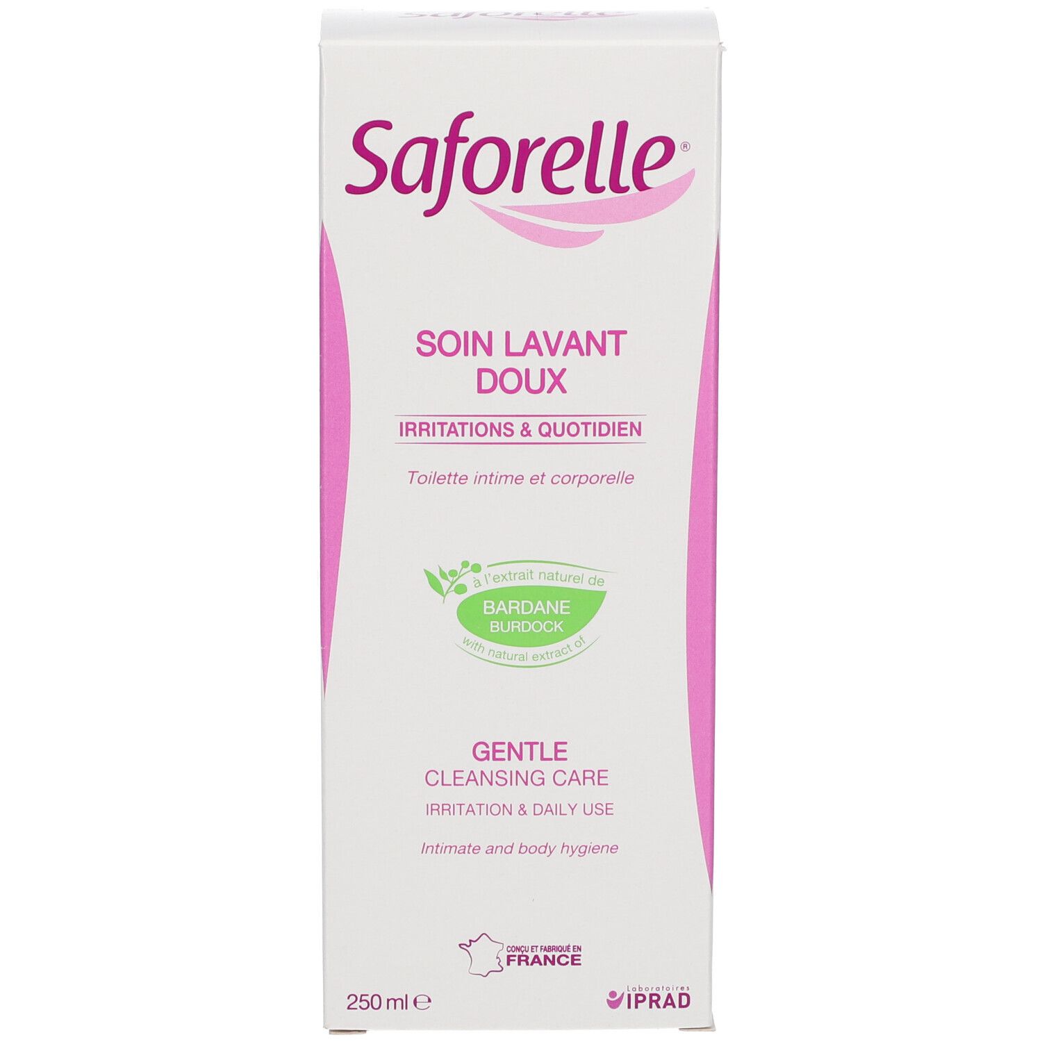 Roze achtergrond met Saforelle logo. Tekst: Enrichi en extrait de bardane. Testé sous contrôle gynécologique.