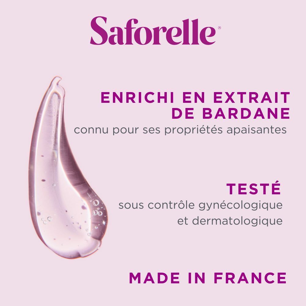 Femme en blouse blanche avec presse-papiers. Logo Saforelle et texte: Expert en hygiène intime. Recommandé par les gynécologues.