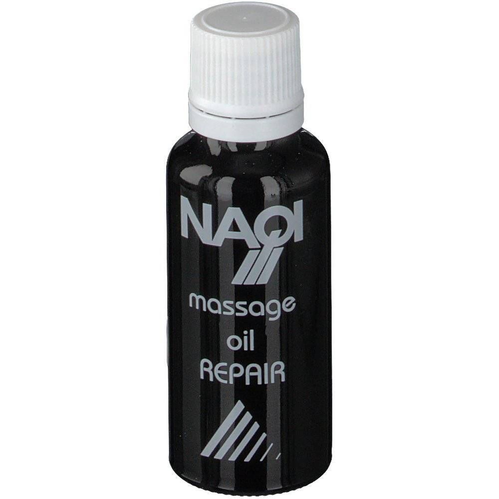 Flacon noir avec bouchon blanc. Inscription: NAQI, massage oil REPAIR. Bandes grises.