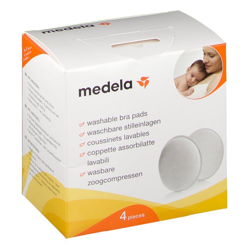 Verpackung mit zwei weißen, runden Stilleinlagen. Aufgedruckt: Medela, Waschbare Stilleinlagen, 4 Stück.