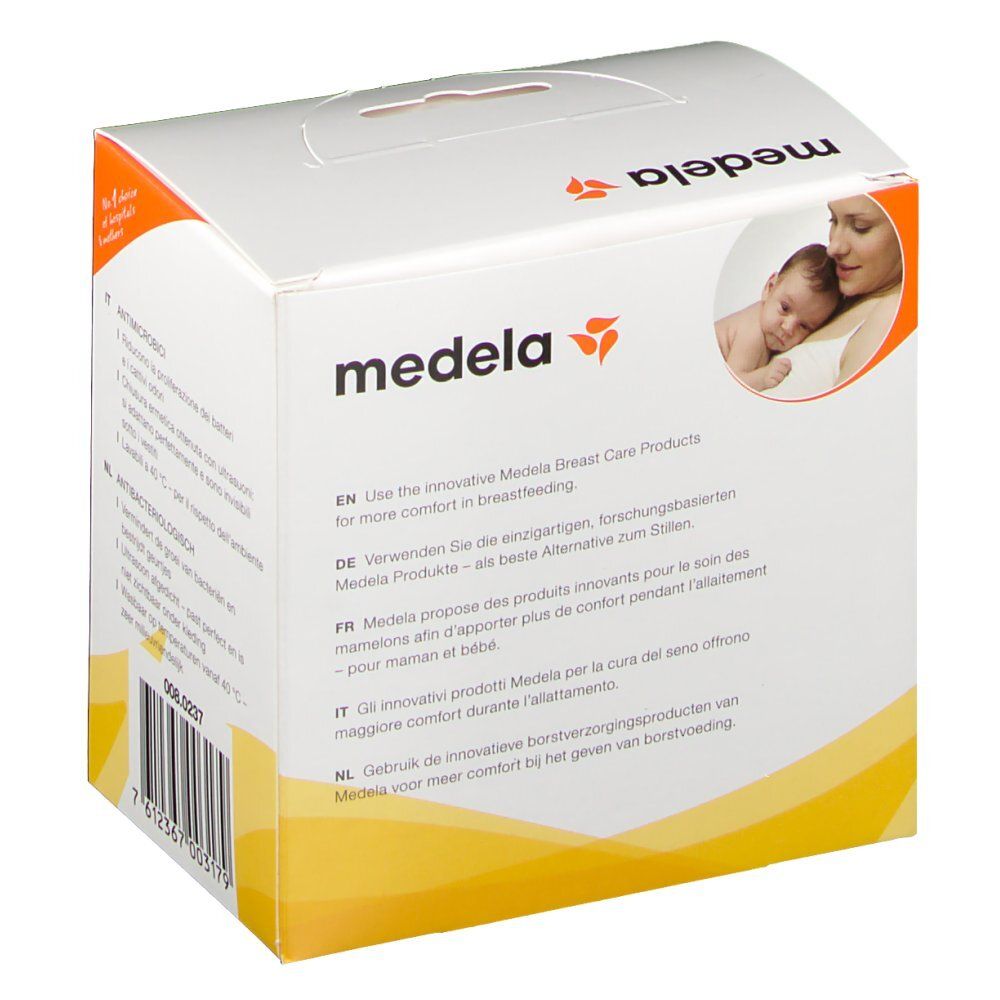 Verpackung mit Text in mehreren Sprachen. Aufgedruckt: Medela, Waschbare Stilleinlagen. Bild einer Mutter mit Baby.