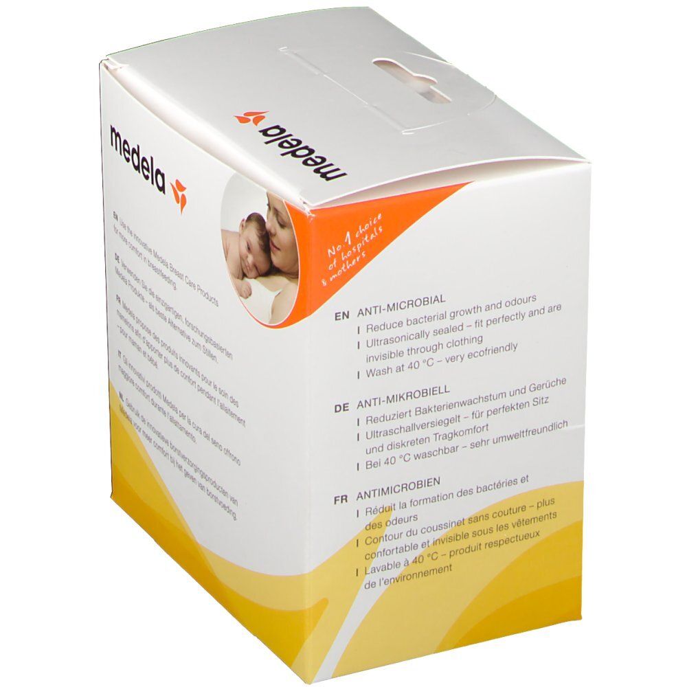Verpackung mit Text in mehreren Sprachen. Aufgedruckt: Medela, Waschbare Stilleinlagen. Bild einer Mutter mit Baby.