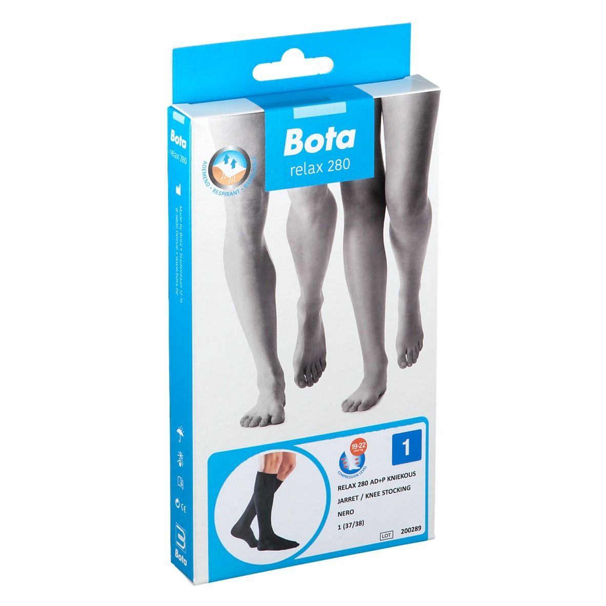 Verpakking met Bota relax 280 AD+P kniekousen. Zwart, maat 1 (37/38). Illustratie van benen en kousen.