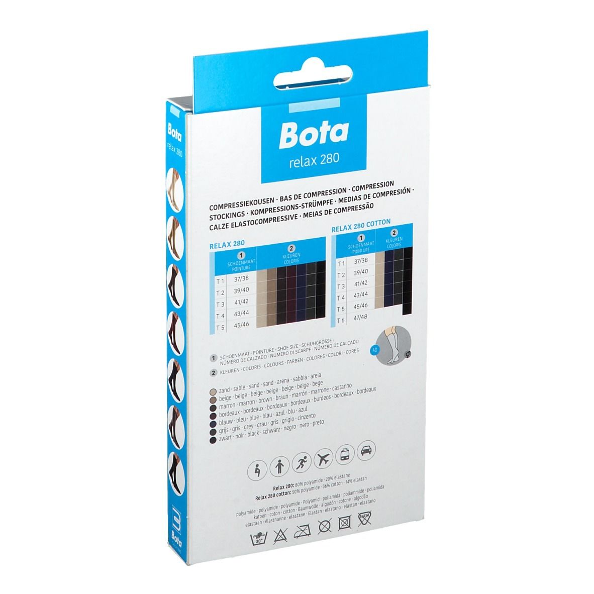 Achterkant van de verpakking, Bota relax 280. Maatinformatie en compressiekousen. Meertalig.