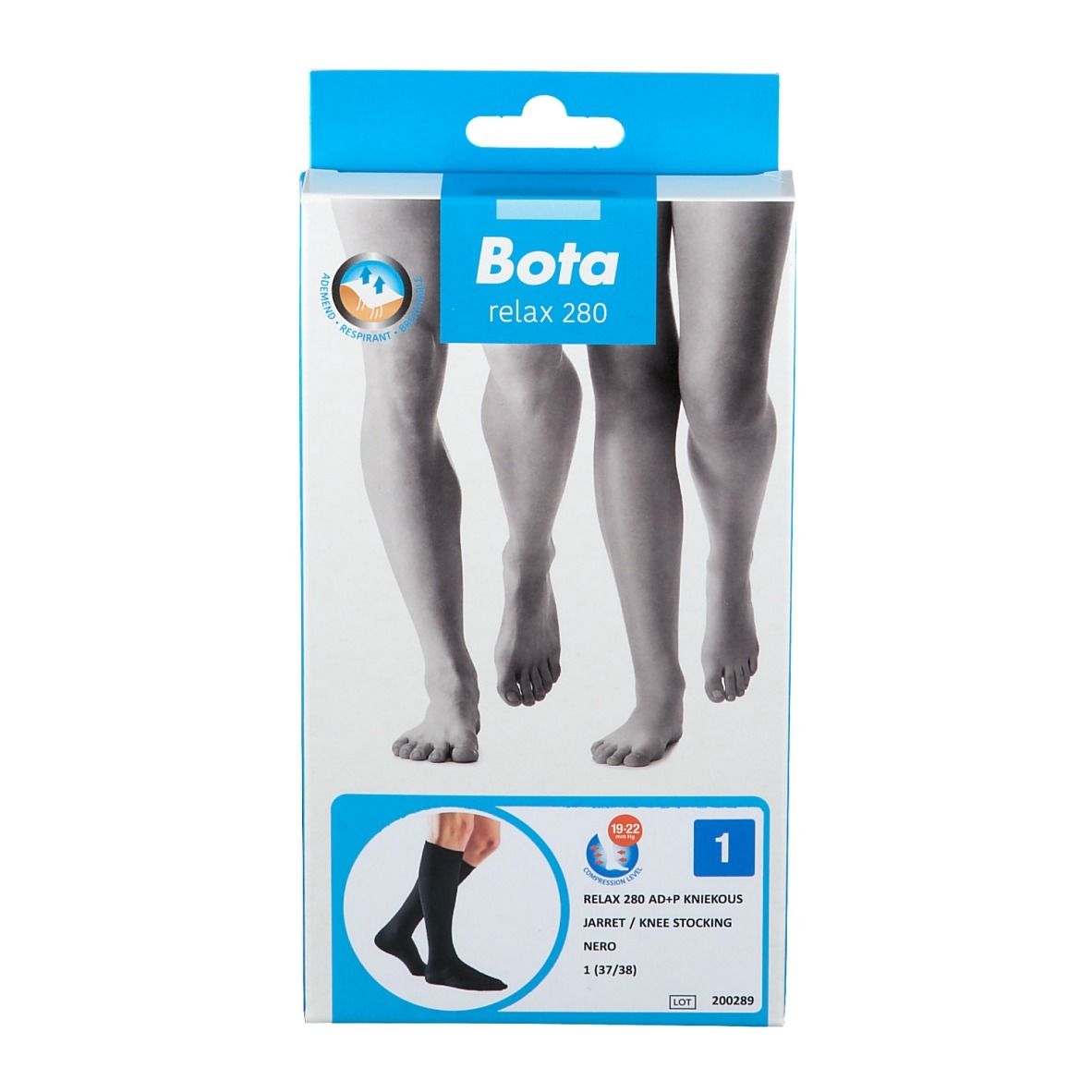 Verpakking, Bota relax 280 AD+P kniekousen. Zwart, maat 1 (37/38). Illustratie van benen en kousen.