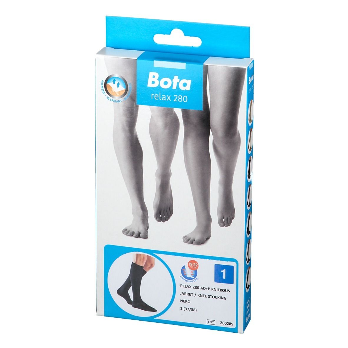 Verpakking, Bota relax 280 AD+P kniekousen. Zwart, maat 1 (37/38). Illustratie van benen en kousen.