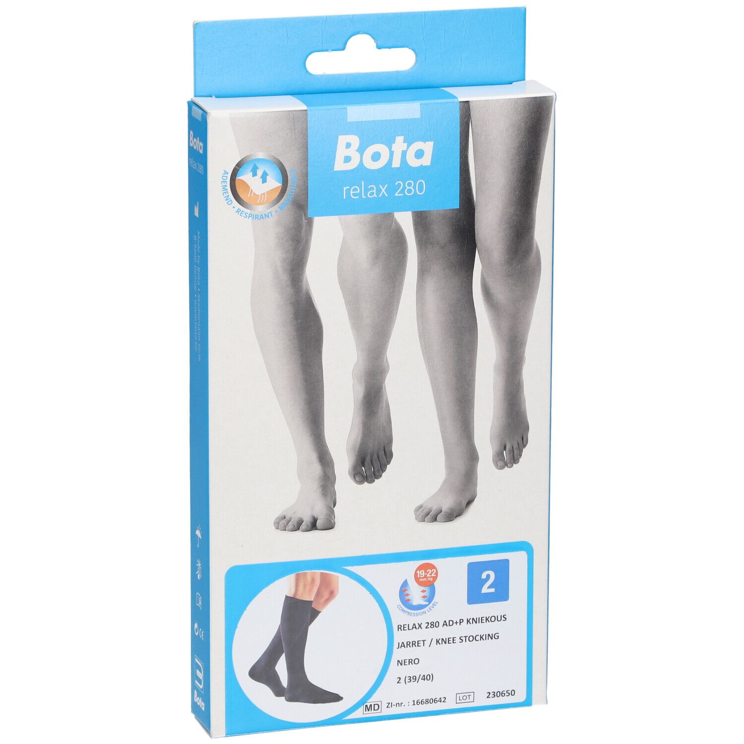 Bota relax 280 Kompressionsstrumpf-Verpackung, zeigt Beine und Strumpf in Dunkelgrau.