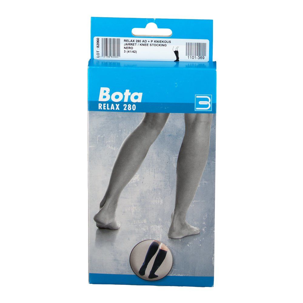 Verpakking van Bota Relax 280 AD + P kniekousen. Blauwe en witte doos met productafbeelding.