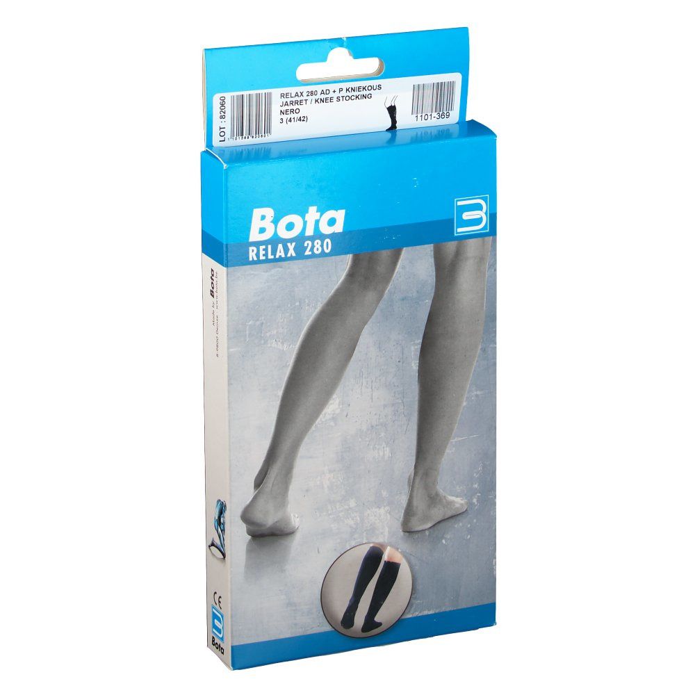 Verpakking van Bota Relax 280 AD + P kniekousen. Blauwe en witte doos met productafbeelding.