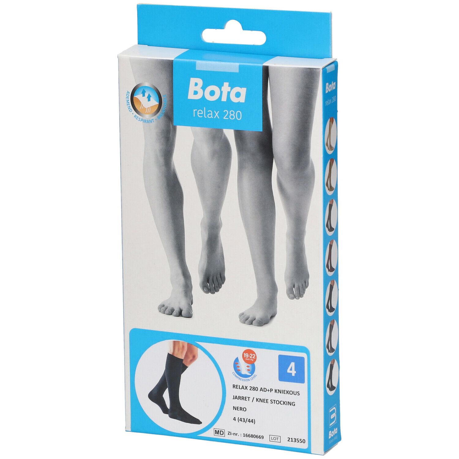 Emballage de bas genou Bota Relax 280 AD-P. Noir, taille 4 (43/44). Illustration de jambes et de bas.