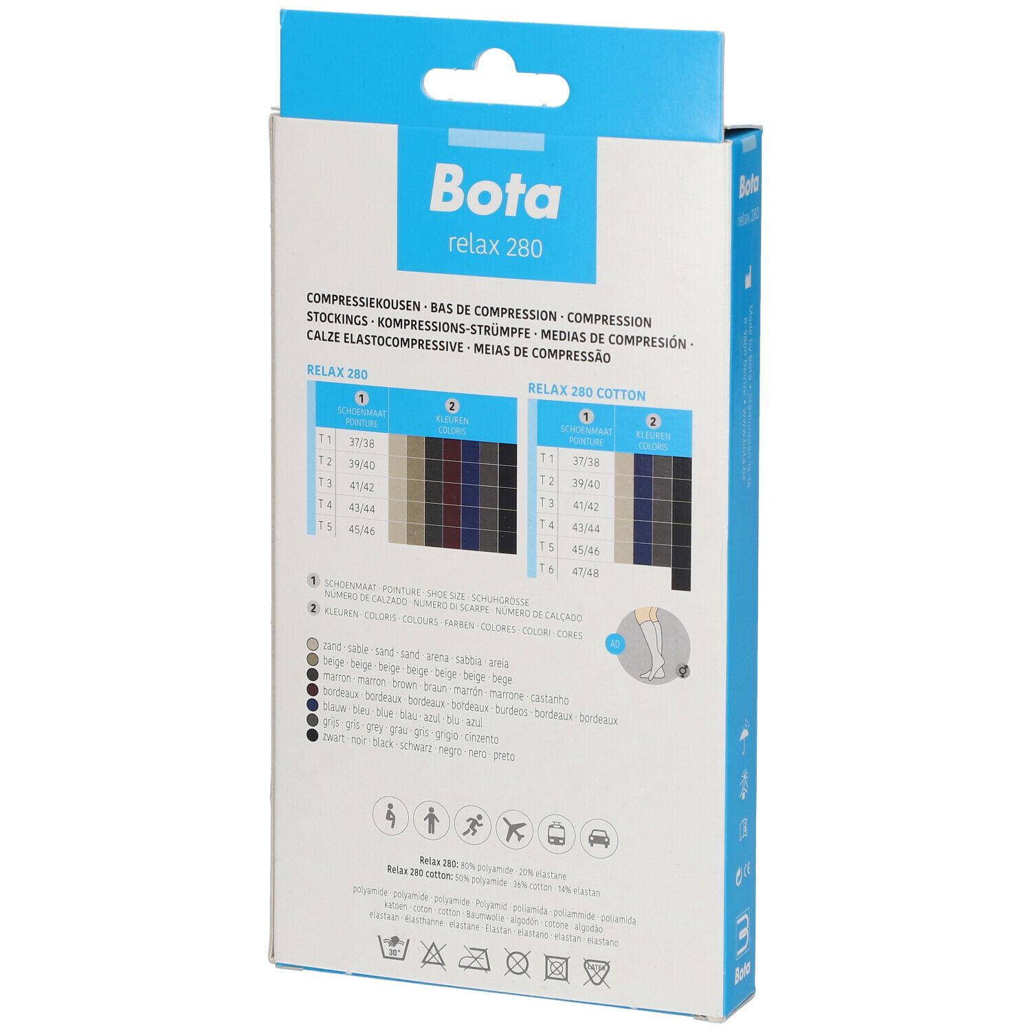 Dos de l'emballage Bota Relax 280. Tableaux de tailles et informations produit en plusieurs langues.