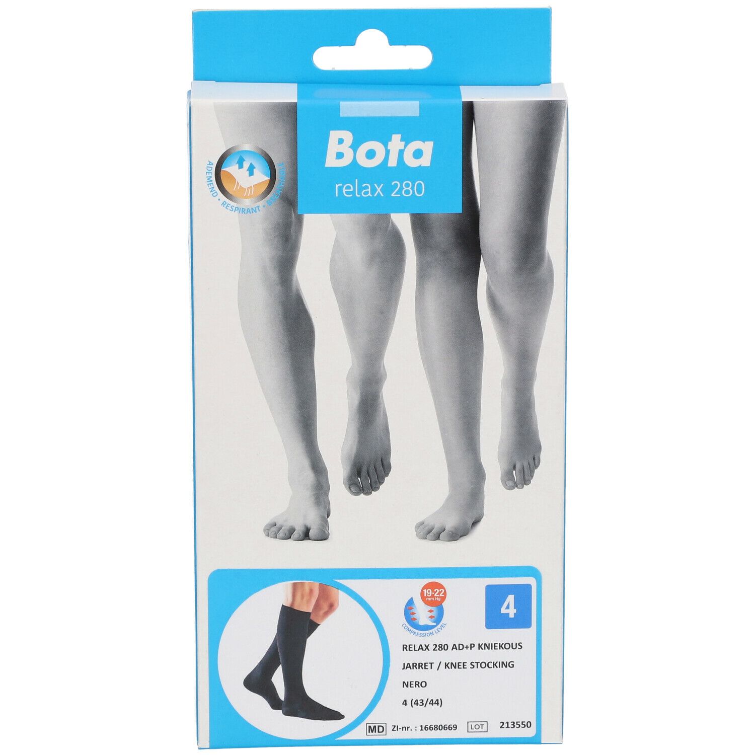 Vue de face de l'emballage Bota Relax 280. Bas genou, taille 4 (43/44). Noir. Logo et nom du produit.