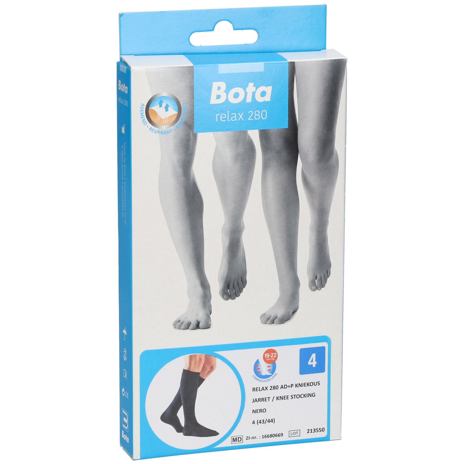 Vue de face de l'emballage Bota Relax 280. Bas genou, taille 4 (43/44). Noir. Logo et nom du produit.