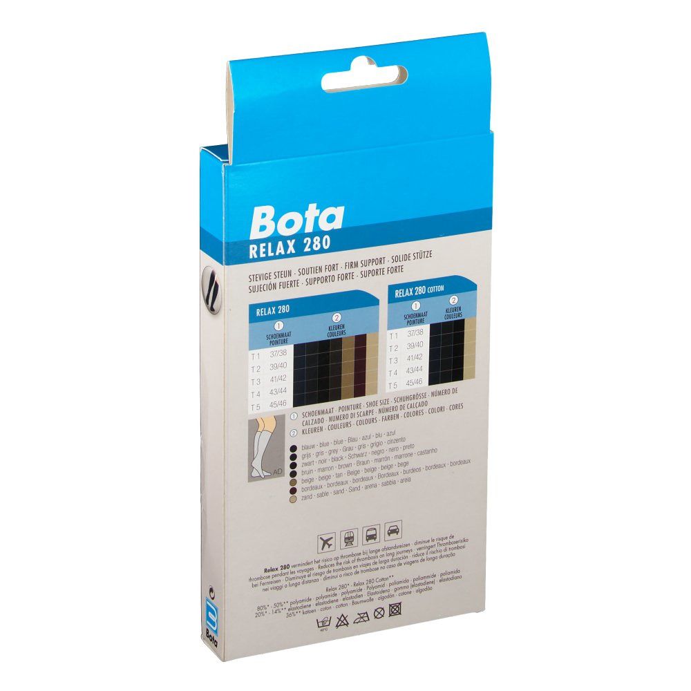 Dos de l'emballage des bas genou Bota Relax 280 AD +P. Informations sur le produit et indications de taille.