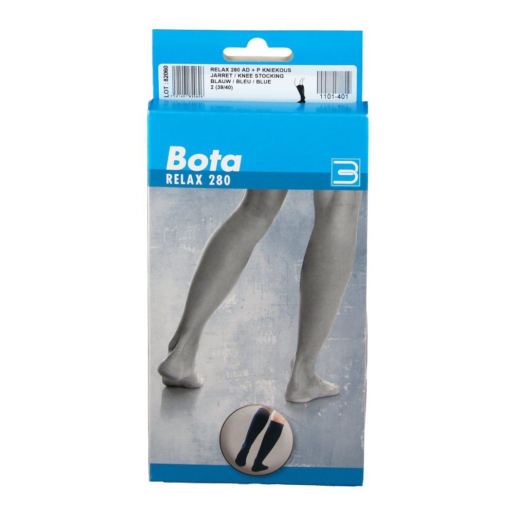 Emballage de bas genou Bota Relax 280 AD +P. Emballage bleu et gris avec image du produit et logo.