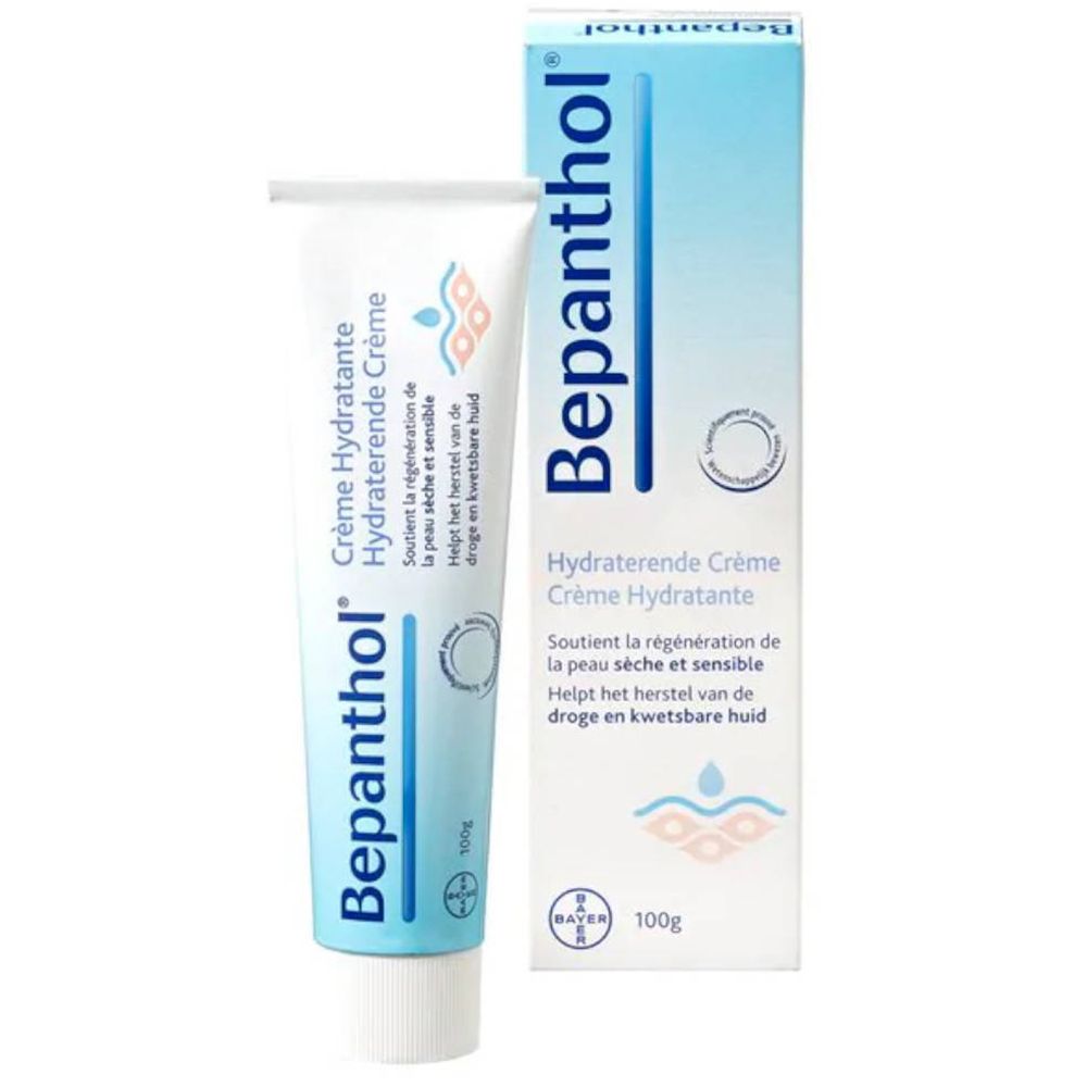 Tube en doos Bepanthol crème. Tekst: Hydraterende Crème. 100g.
