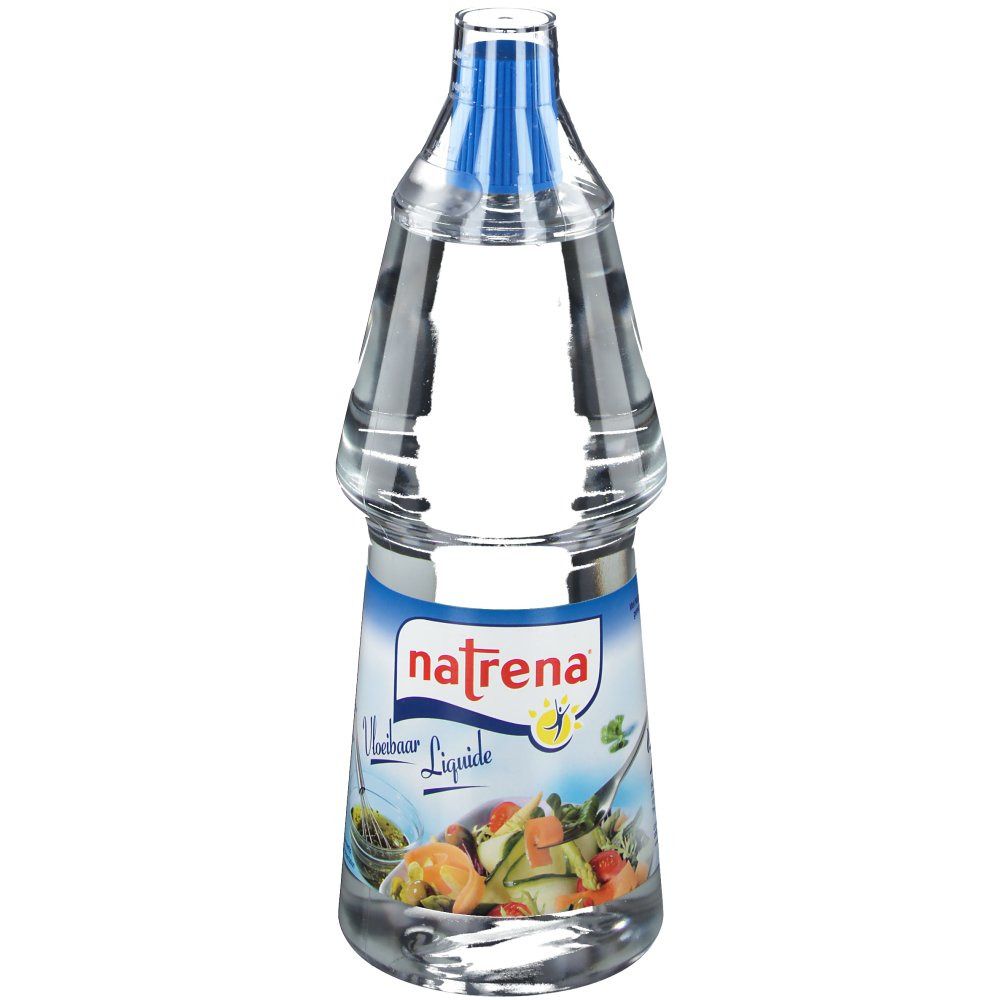 Liquide clair dans une bouteille transparente. L'étiquette porte les mentions "natrena" et "Vloeibaar Liquide".