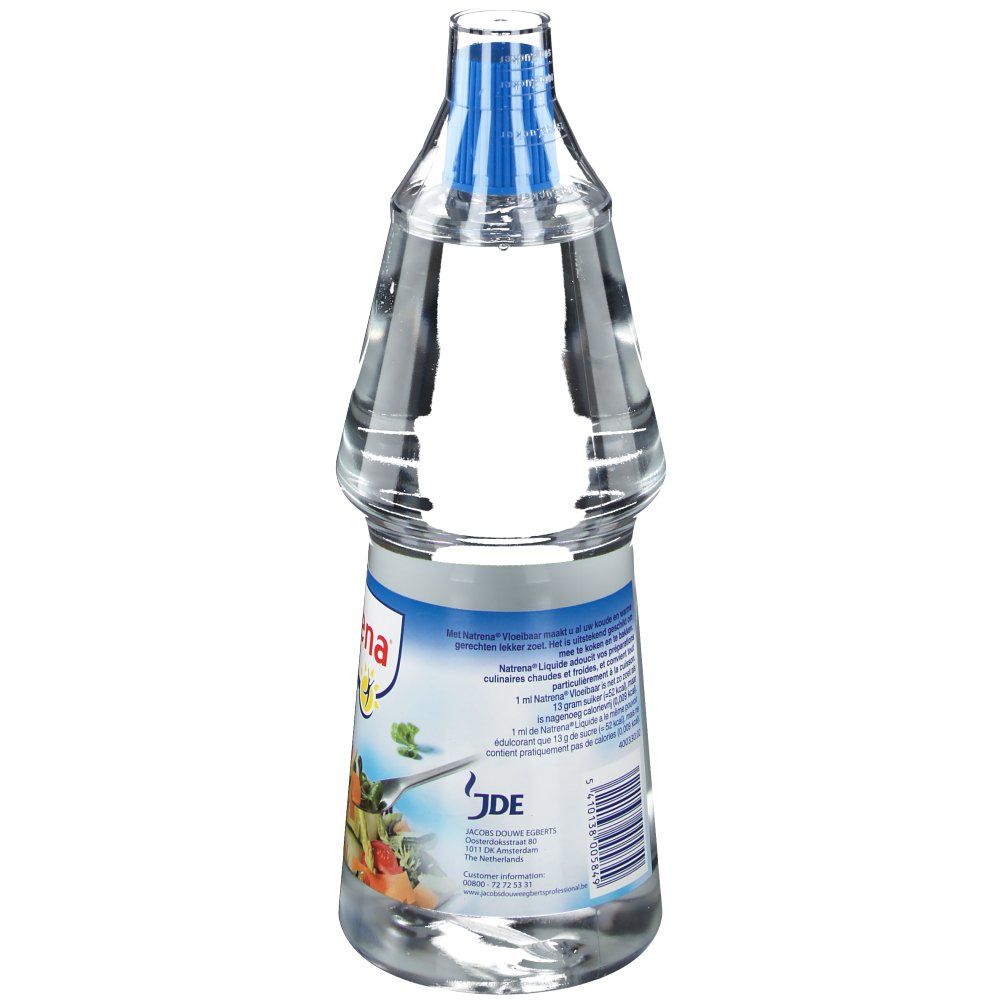 Vue arrière d'une bouteille transparente contenant un liquide clair. Étiquette avec texte et code-barres. Marque : natrena.