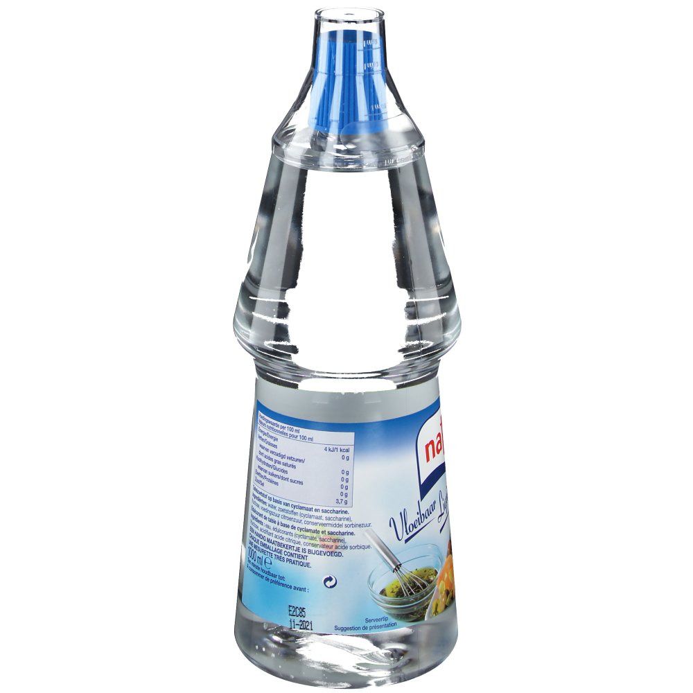 Bouteille transparente contenant un liquide clair. Étiquette avec informations nutritionnelles et texte. Marque : natrena.