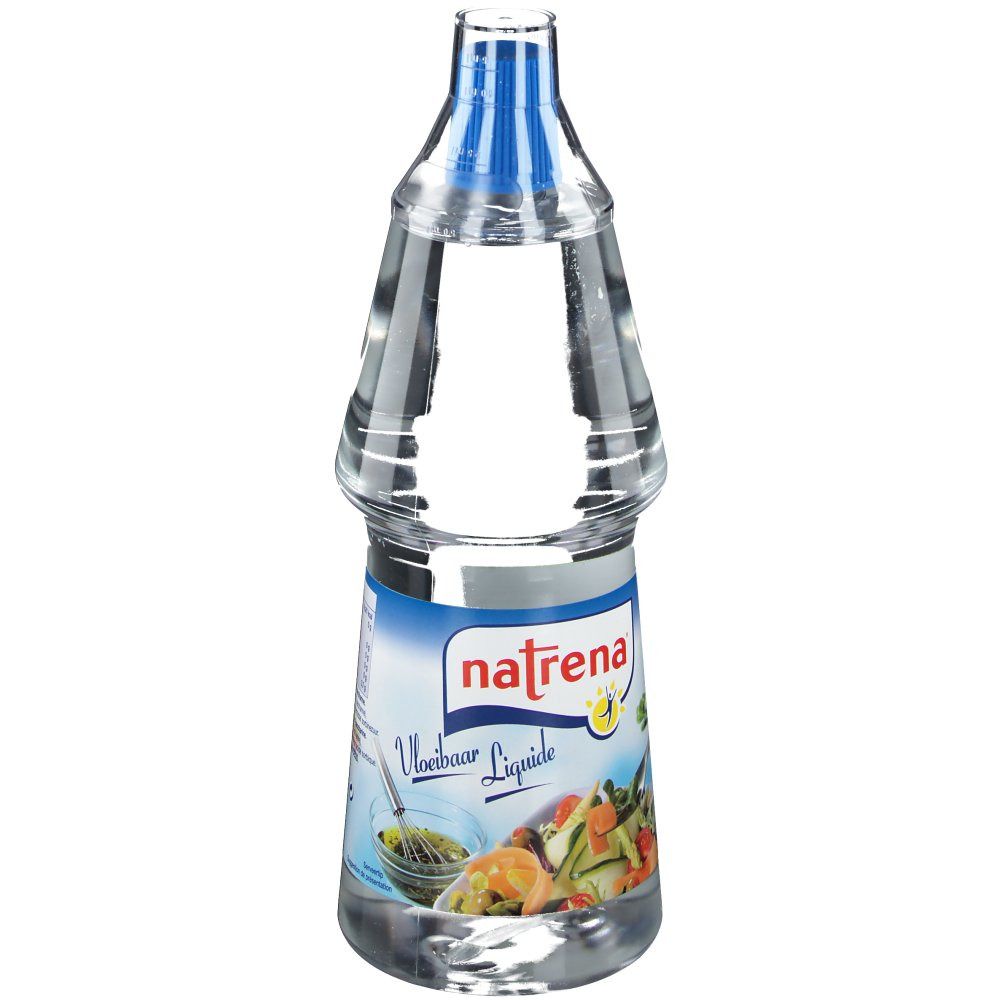 Bouteille transparente avec liquide clair. Étiquette avec "natrena" et image de légumes. Bouchon bleu.
