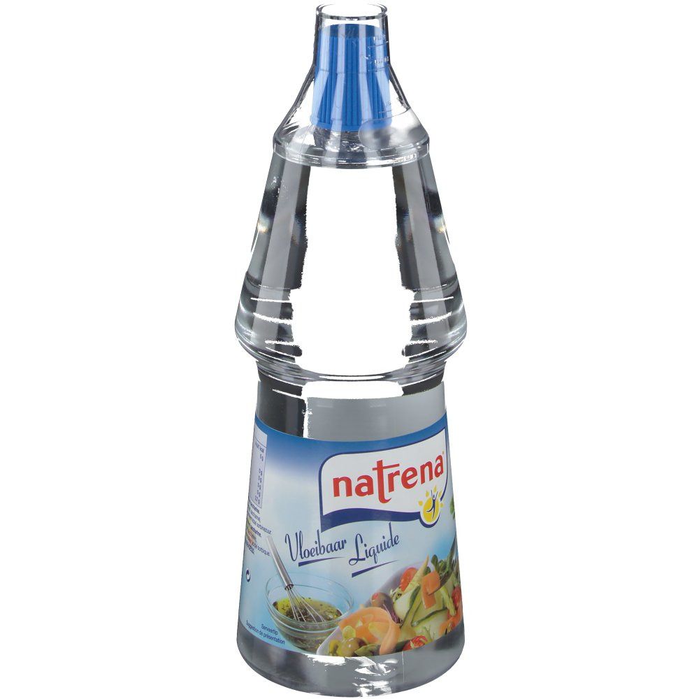 Bouteille transparente avec liquide clair. Étiquette avec "natrena" et image de légumes. Bouchon bleu.