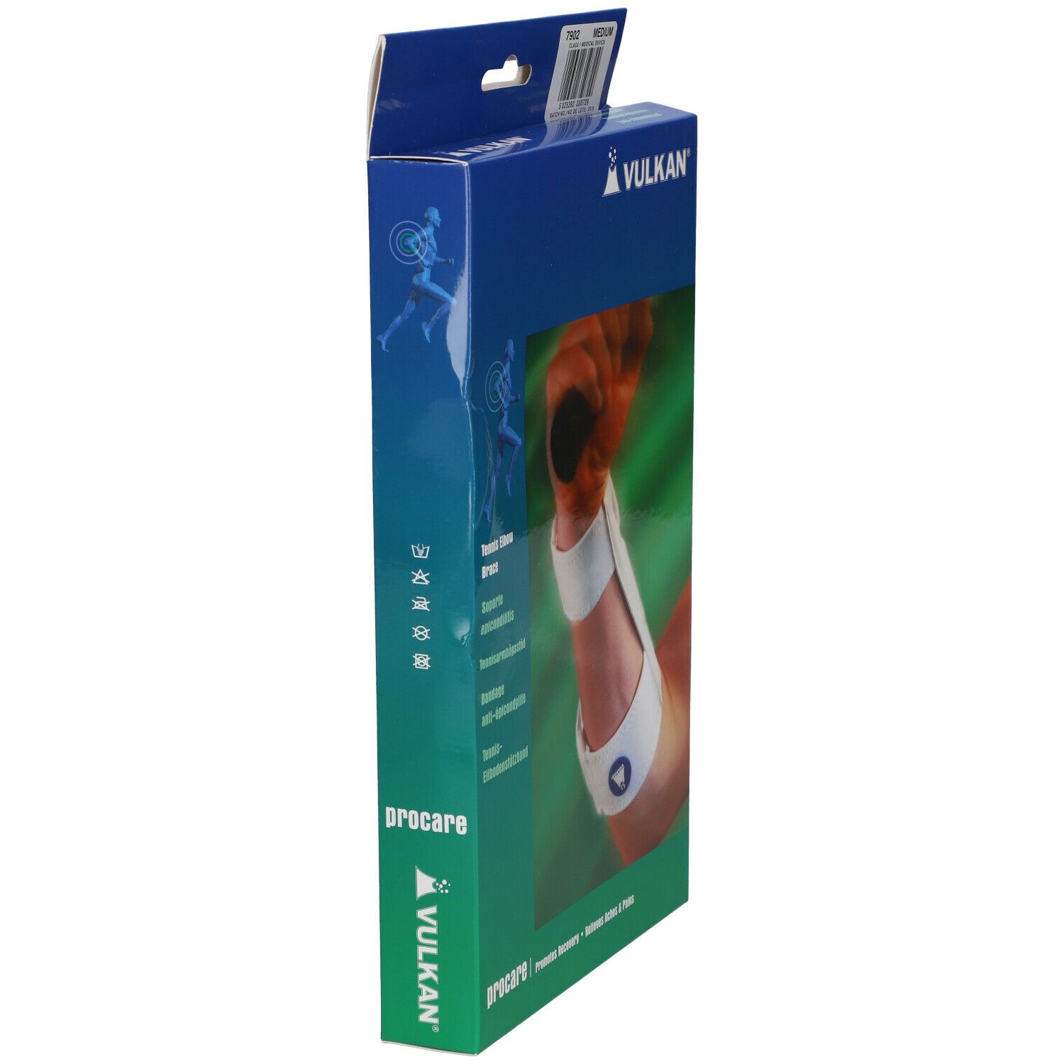 Vulkan® Tennis-Ellbogenstützband-Verpackung. Blaue und grüne Box, Seitenansicht. Procare-Logo und Produktabbildung.