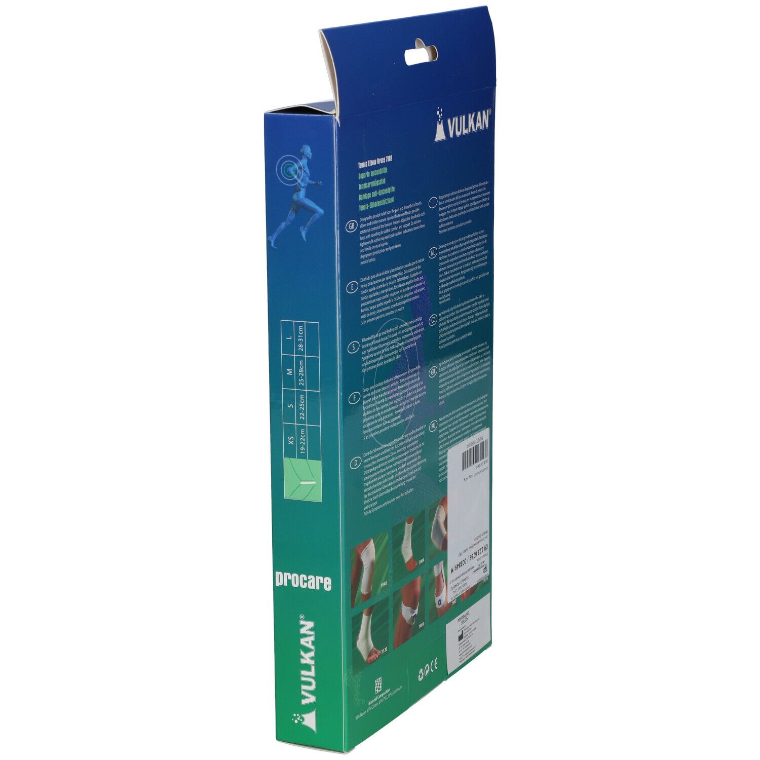 Vulkan® Tennis-Ellbogenstützband-Verpackung, Seitenansicht. Blaue und grüne Box mit Text und Produktabbildungen.